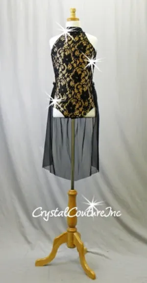 Black Floral lace & Nude Lycra Mock-Neck with Back Sheer Skirt - Swarovski Rhinestones
