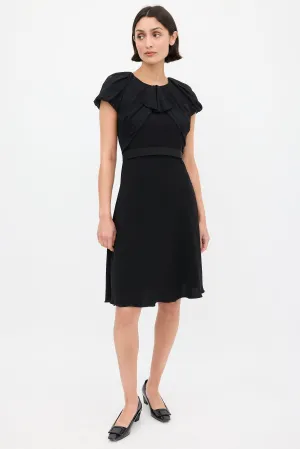 Black Pleated Neck Ribbon Waist Dress