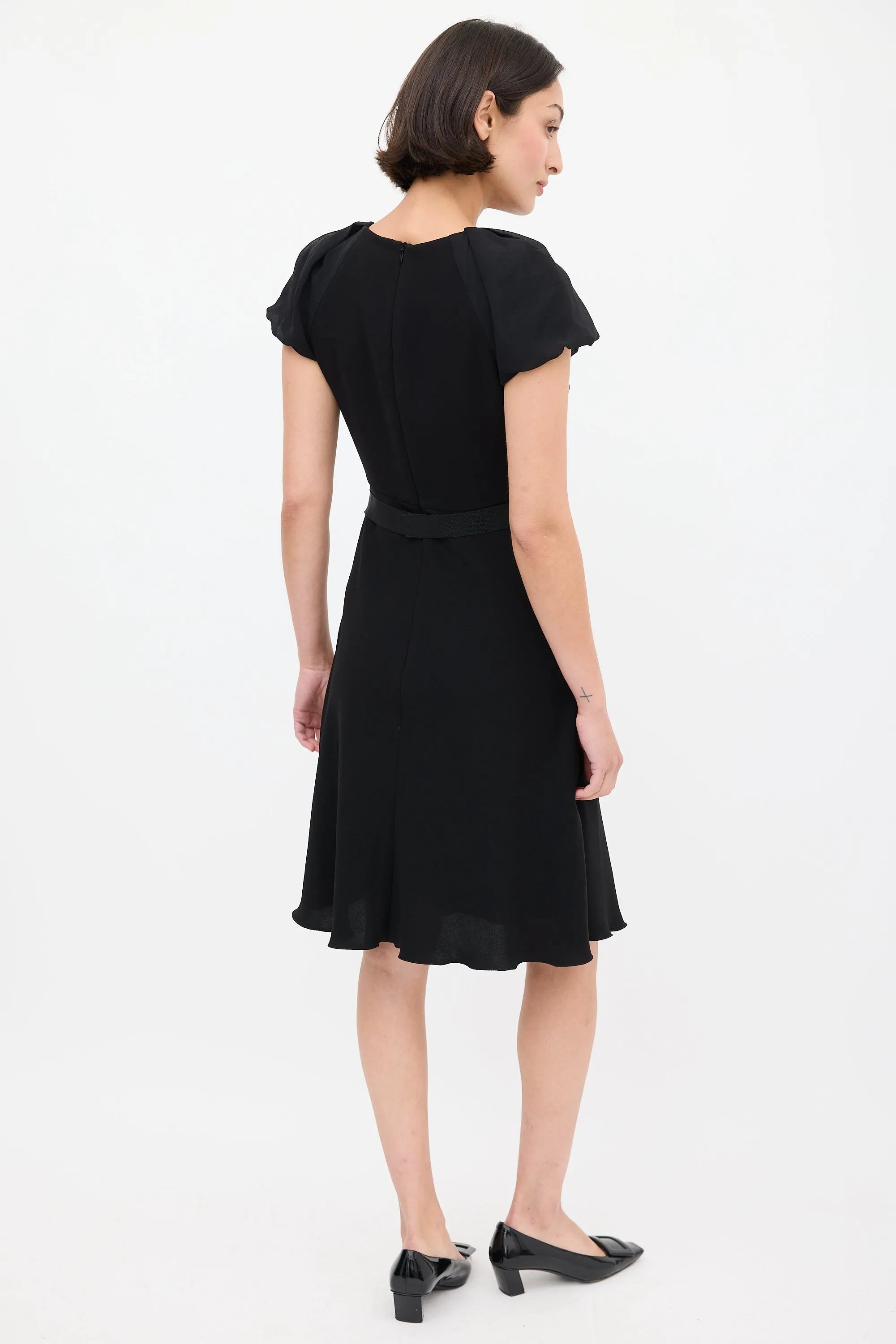 Black Pleated Neck Ribbon Waist Dress