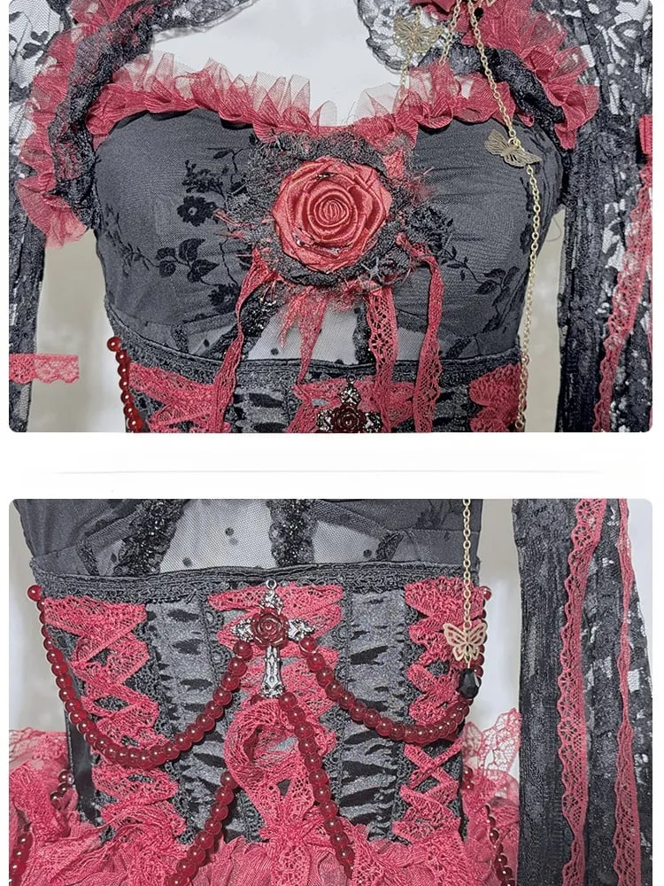 Black&Red Gothic Set- Cami Top Lace Bell Sleeves Bolero  Lace-up Detail Beaded Chain Tiered Skirt