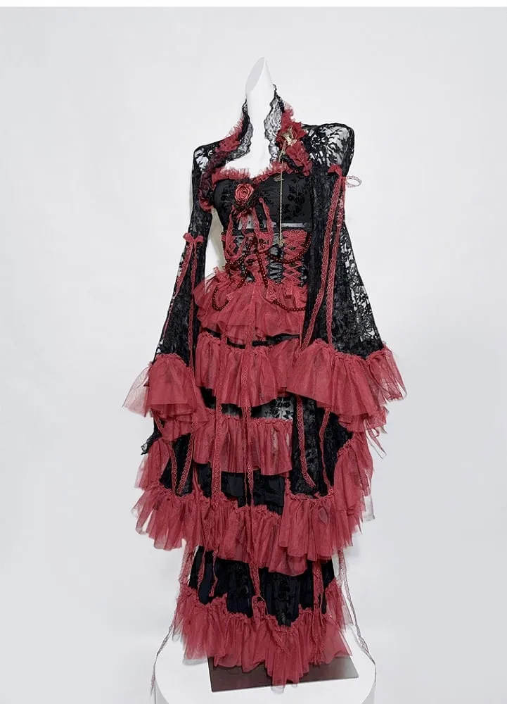 Black&Red Gothic Set- Cami Top Lace Bell Sleeves Bolero  Lace-up Detail Beaded Chain Tiered Skirt