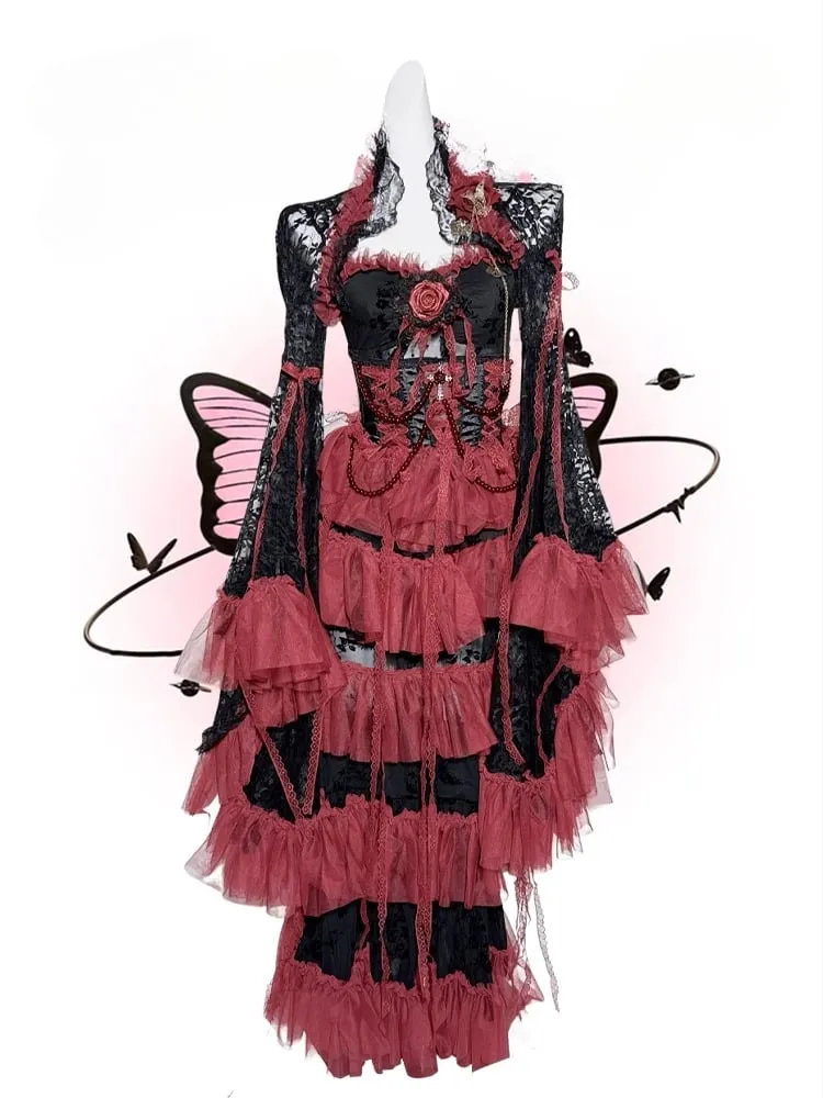 Black&Red Gothic Set- Cami Top Lace Bell Sleeves Bolero  Lace-up Detail Beaded Chain Tiered Skirt