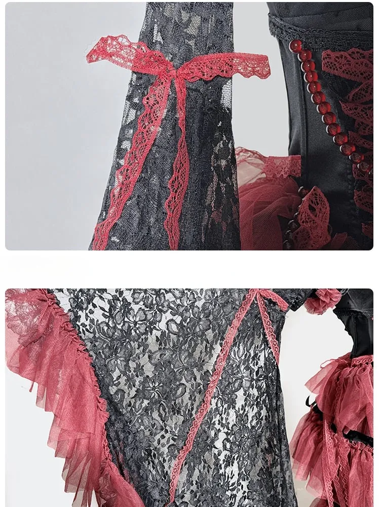 Black&Red Gothic Set- Cami Top Lace Bell Sleeves Bolero  Lace-up Detail Beaded Chain Tiered Skirt