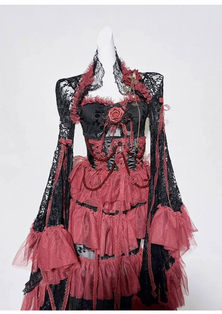 Black&Red Gothic Set- Cami Top Lace Bell Sleeves Bolero  Lace-up Detail Beaded Chain Tiered Skirt