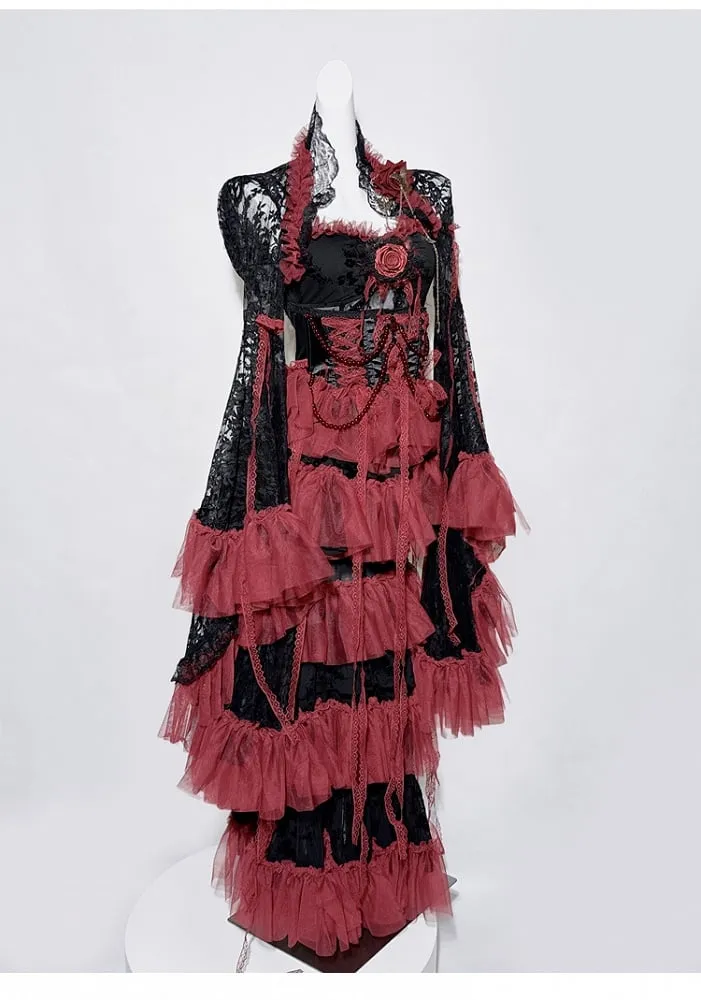 Black&Red Gothic Set- Cami Top Lace Bell Sleeves Bolero  Lace-up Detail Beaded Chain Tiered Skirt