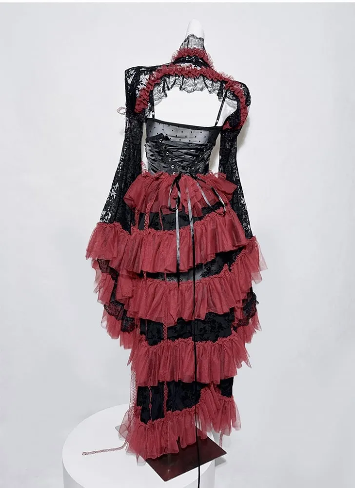 Black&Red Gothic Set- Cami Top Lace Bell Sleeves Bolero  Lace-up Detail Beaded Chain Tiered Skirt