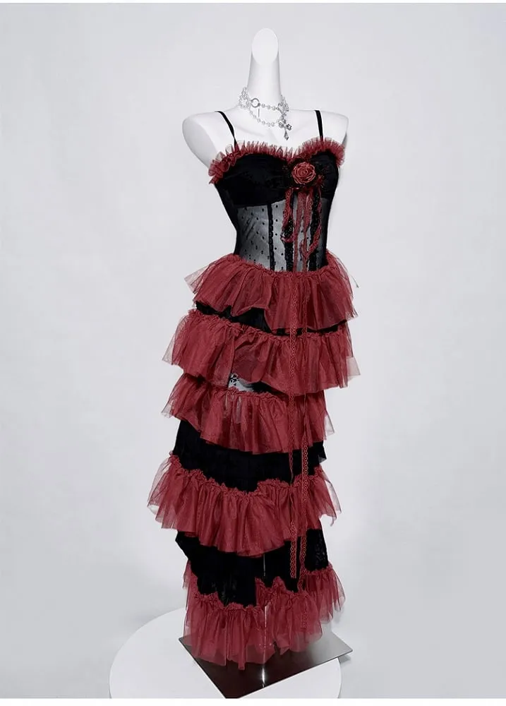 Black&Red Gothic Set- Cami Top Lace Bell Sleeves Bolero  Lace-up Detail Beaded Chain Tiered Skirt