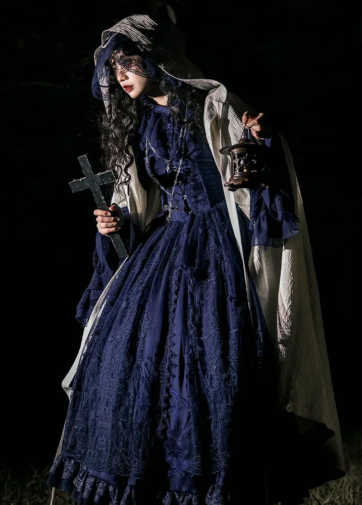 Dark Blue Dragon Bone Embroidery Drawstring Design Gothic Lolita Skirt