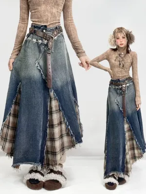 Denim&Plaid Patchwork Asymmetrical Hem Skirt