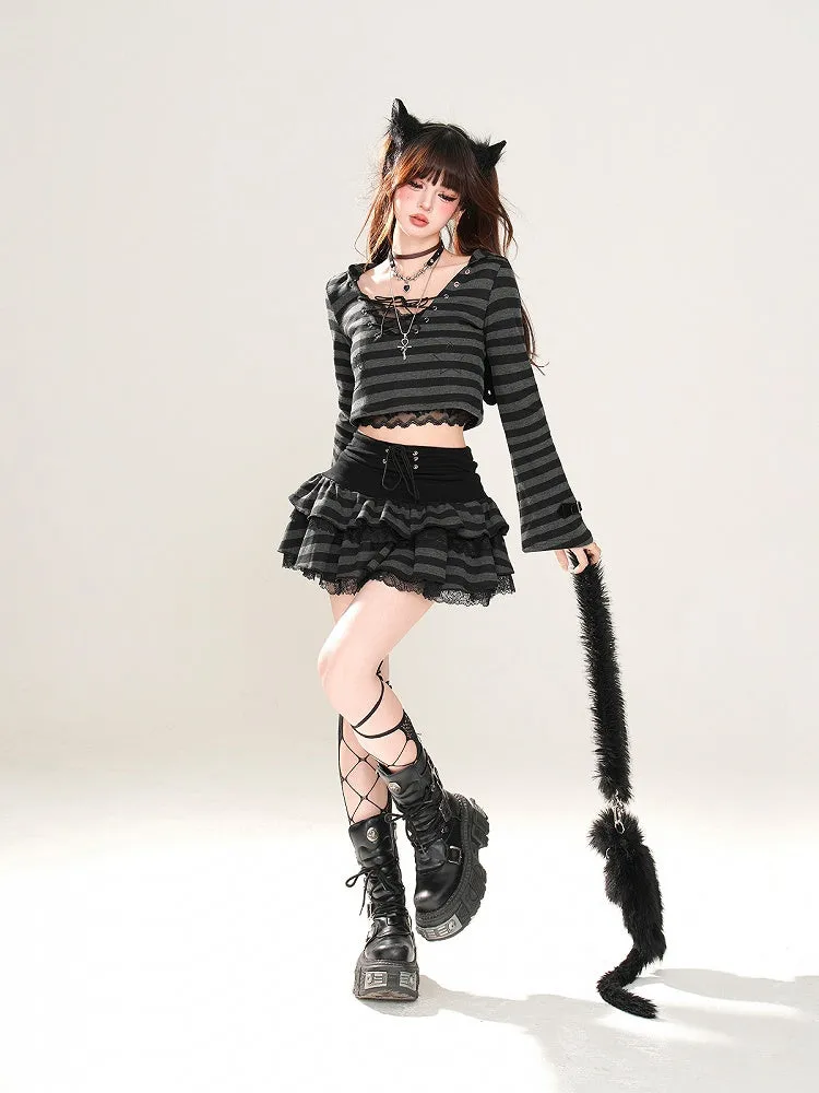 Glamorous Tiered Skirt Black Striped Lace Trim Lace-up Waist