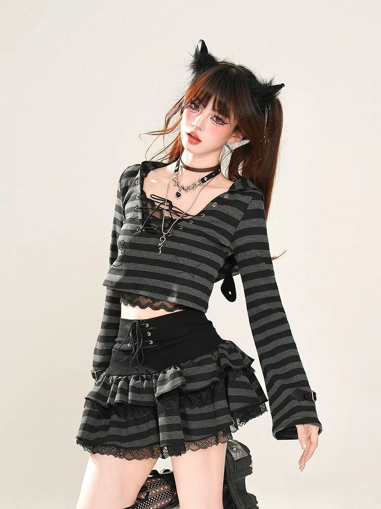Glamorous Tiered Skirt Black Striped Lace Trim Lace-up Waist