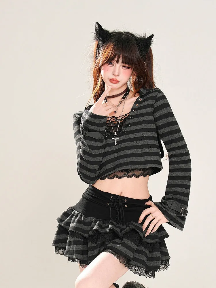 Glamorous Tiered Skirt Black Striped Lace Trim Lace-up Waist
