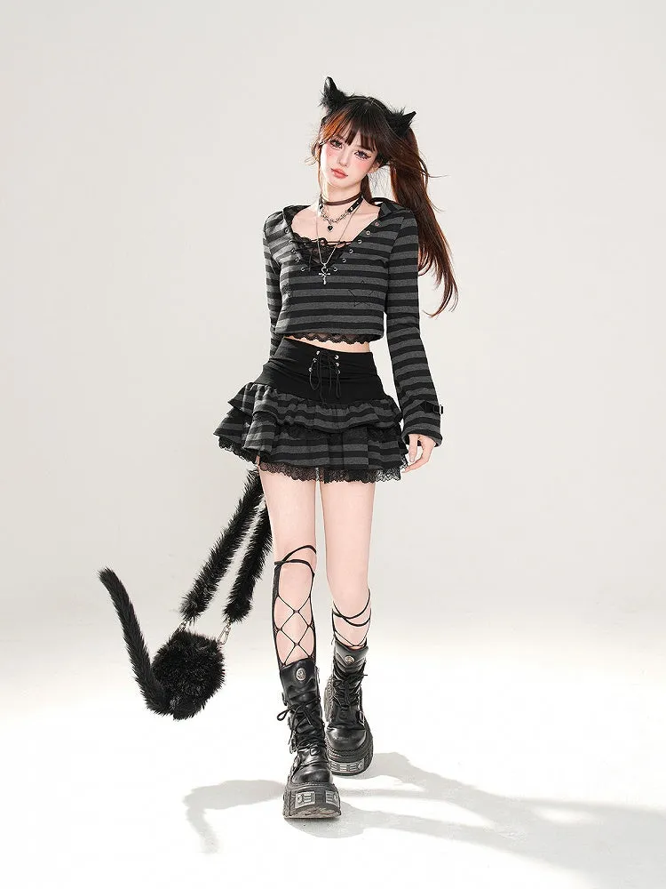 Glamorous Tiered Skirt Black Striped Lace Trim Lace-up Waist