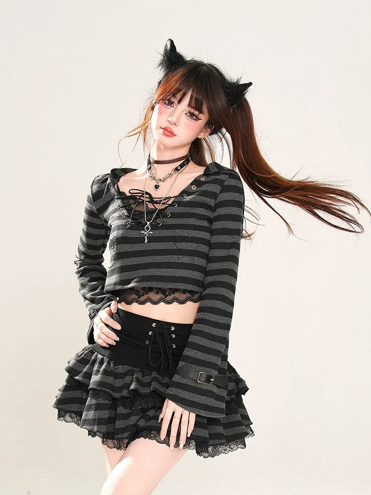 Glamorous Tiered Skirt Black Striped Lace Trim Lace-up Waist