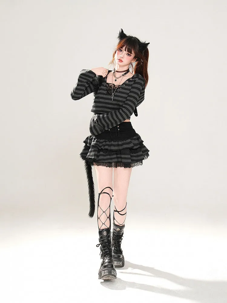 Glamorous Tiered Skirt Black Striped Lace Trim Lace-up Waist