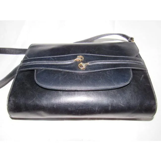 Gucci Two Way Glossy Blackhorsebit Accents Leather Shoulder Bag