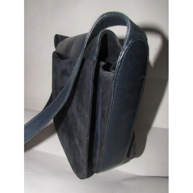 Gucci Vintage Navy Leather And Grey Suede Shoulder Bag