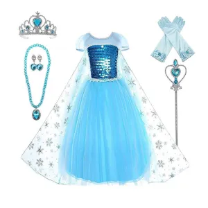 Princess Elsa Costume Party Dress for Kids with Tiara Necklaces and Wand