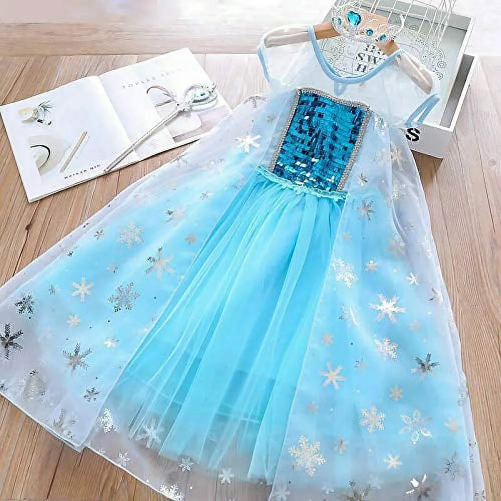 Princess Elsa Costume Party Dress for Kids with Tiara Necklaces and Wand
