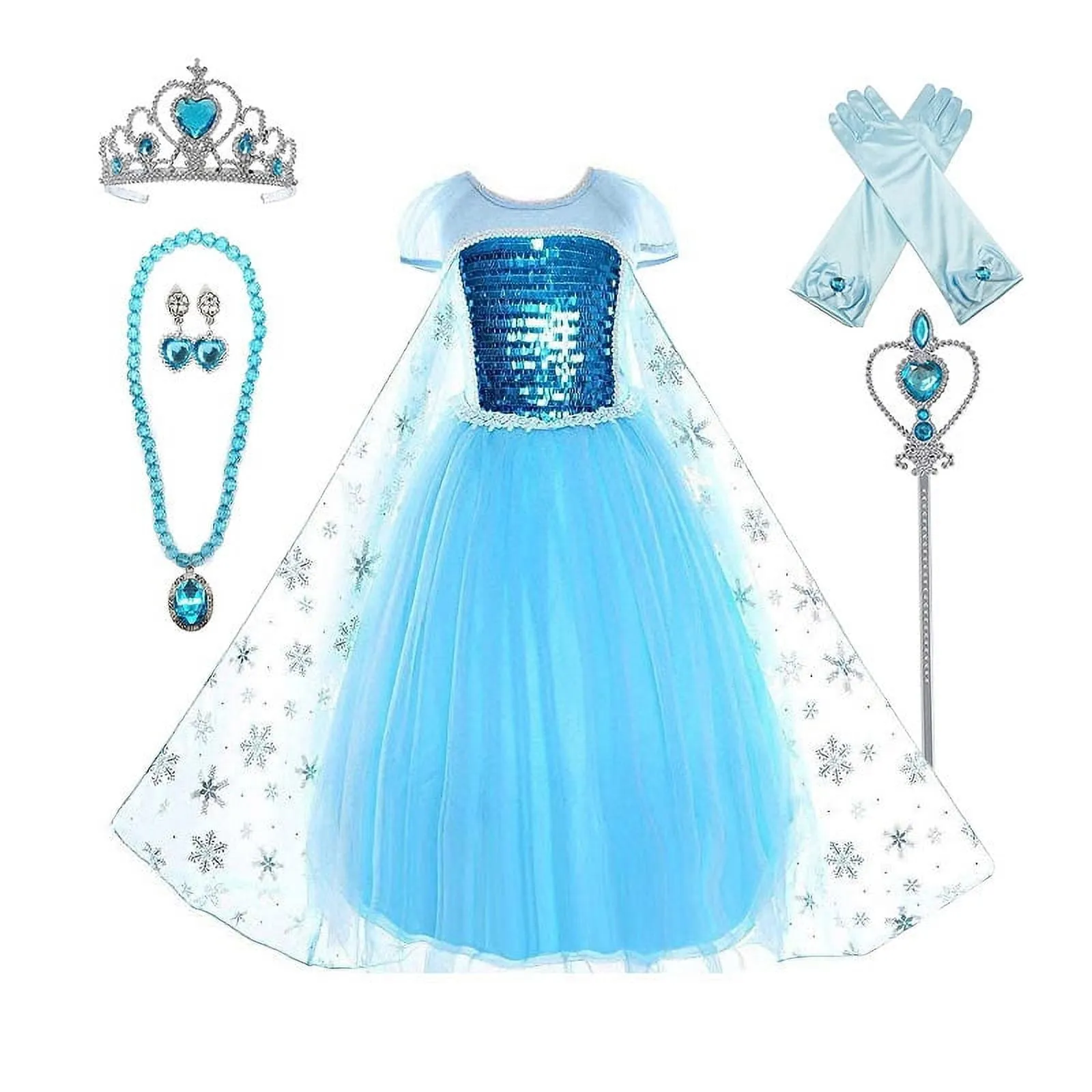 Princess Elsa Costume Party Dress for Kids with Tiara Necklaces and Wand