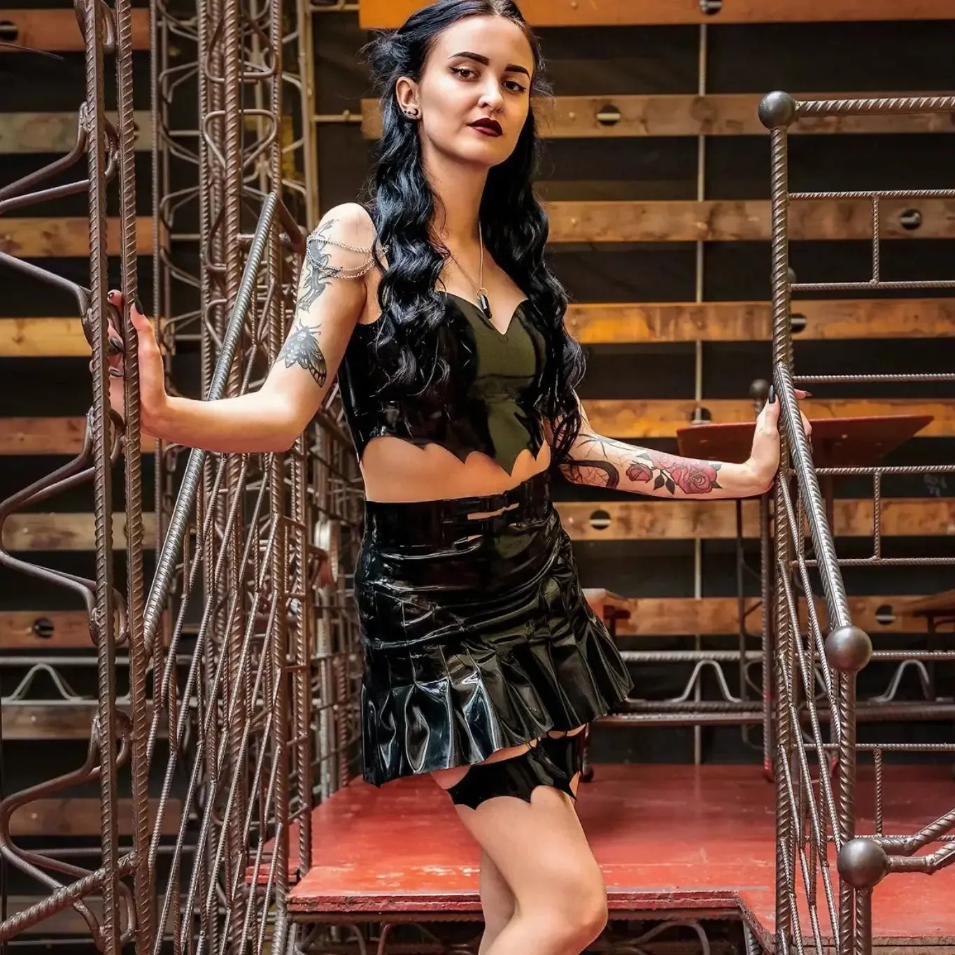 "Elvira" Pleated Mini Skirt with Batwing Leg Garters & Buckle Straps