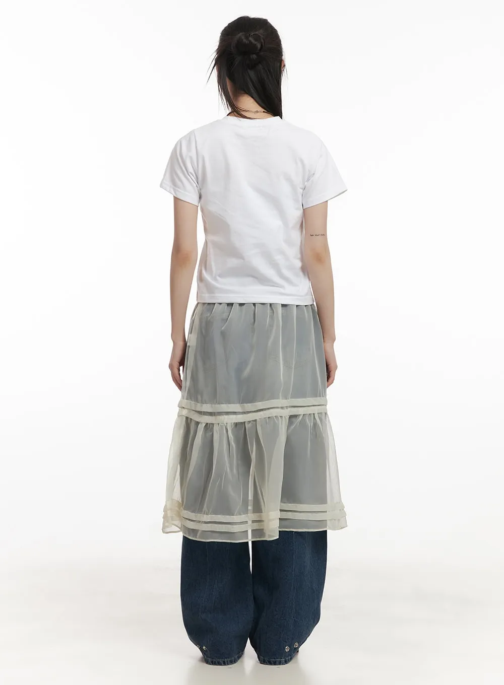 Sheer Tiered Ruffle Midi Skirt CF518