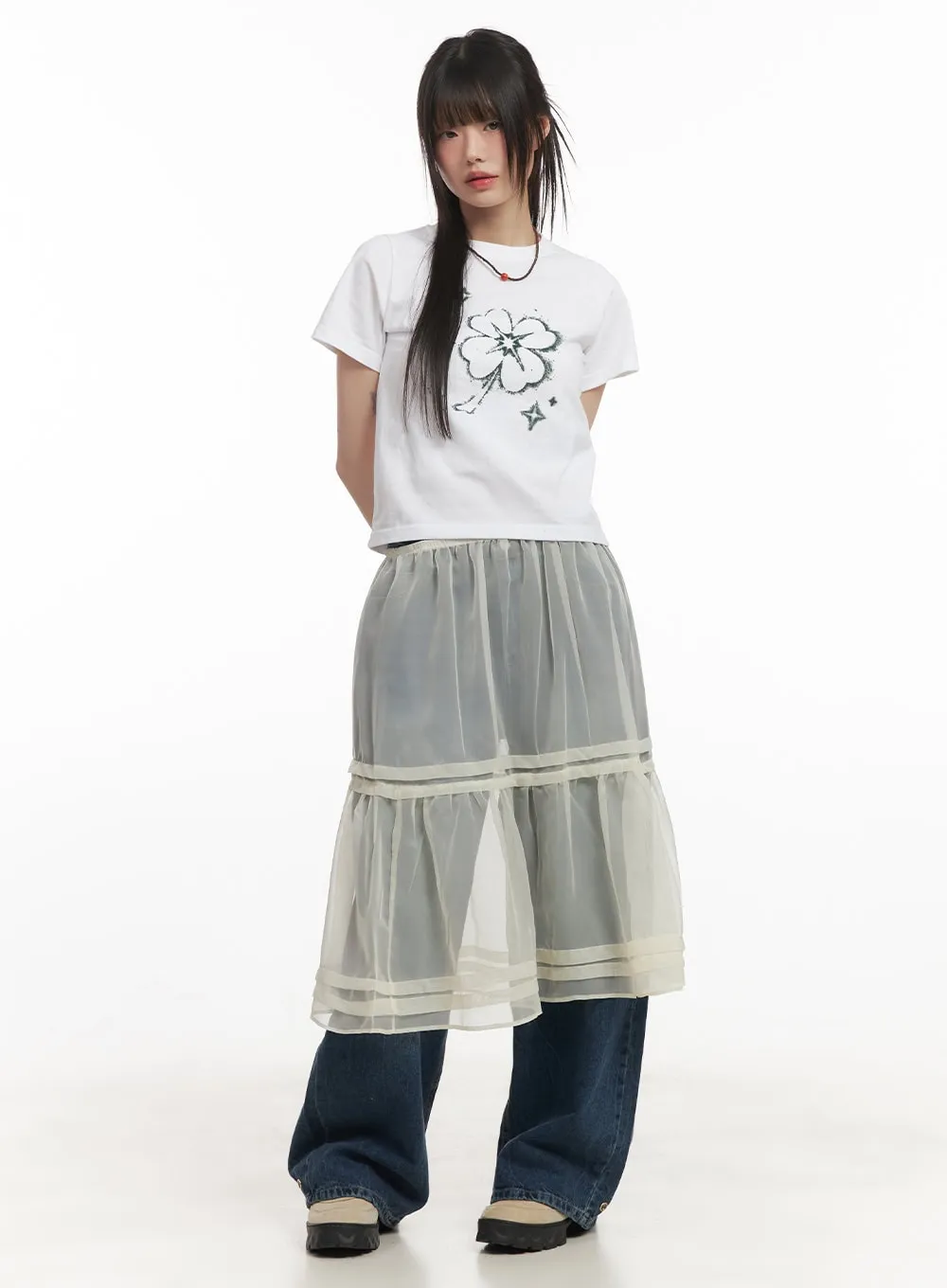 Sheer Tiered Ruffle Midi Skirt CF518