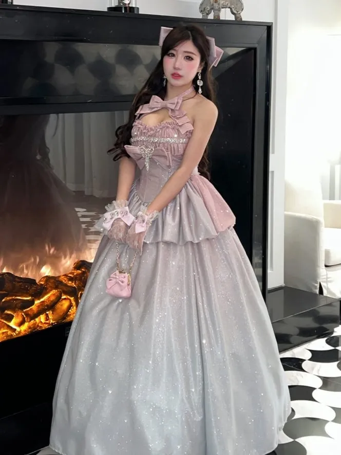 Shimmering Gradient Pink Halter Neck Sweetheart Neckline Top   Long Skirt Birthday Ball Gown