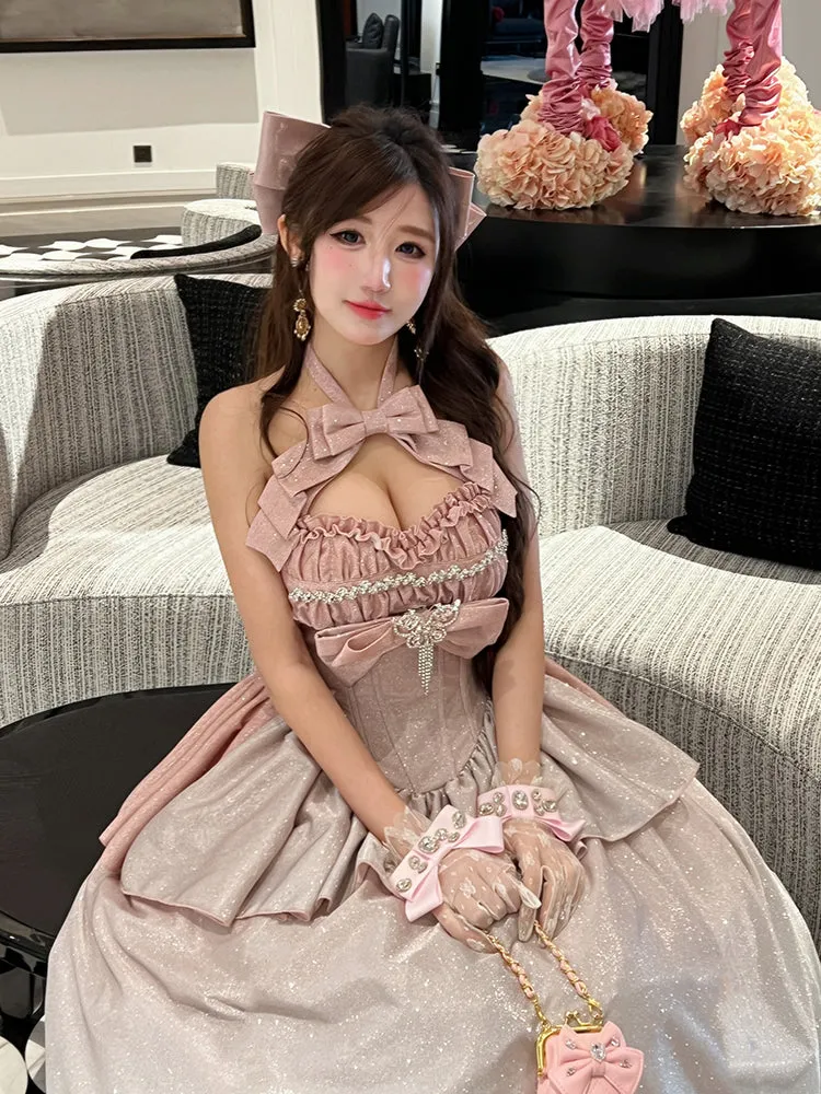 Shimmering Gradient Pink Halter Neck Sweetheart Neckline Top   Long Skirt Birthday Ball Gown