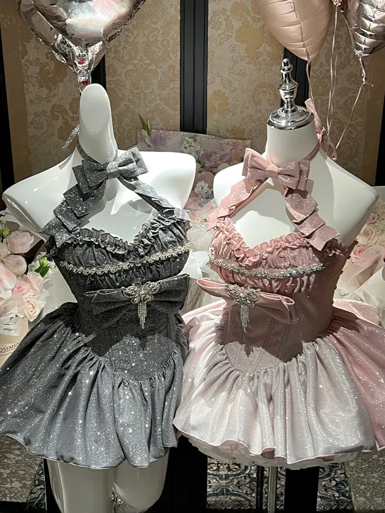 Shimmering Gradient Pink Halter Neck Sweetheart Neckline Top   Long Skirt Birthday Ball Gown
