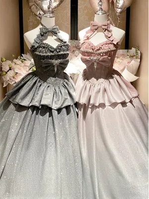 Shimmering Gradient Pink Halter Neck Sweetheart Neckline Top   Long Skirt Birthday Ball Gown