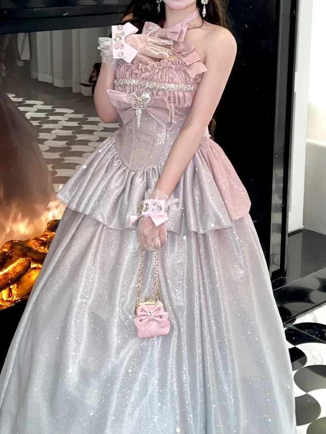 Shimmering Gradient Pink Halter Neck Sweetheart Neckline Top   Long Skirt Birthday Ball Gown