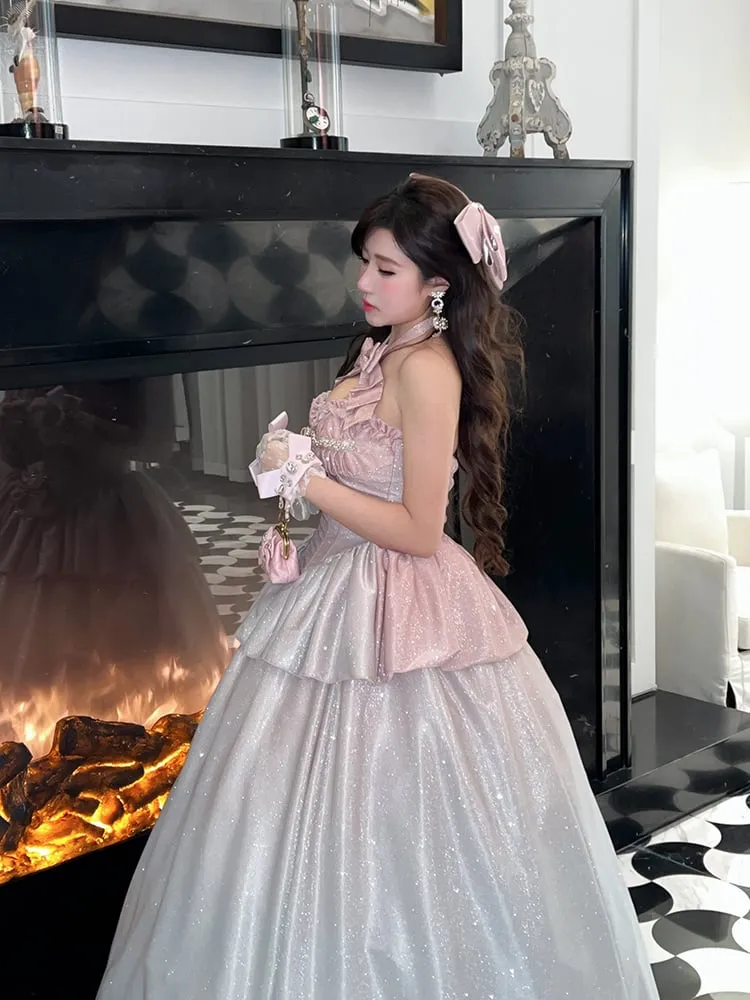 Shimmering Gradient Pink Halter Neck Sweetheart Neckline Top   Long Skirt Birthday Ball Gown