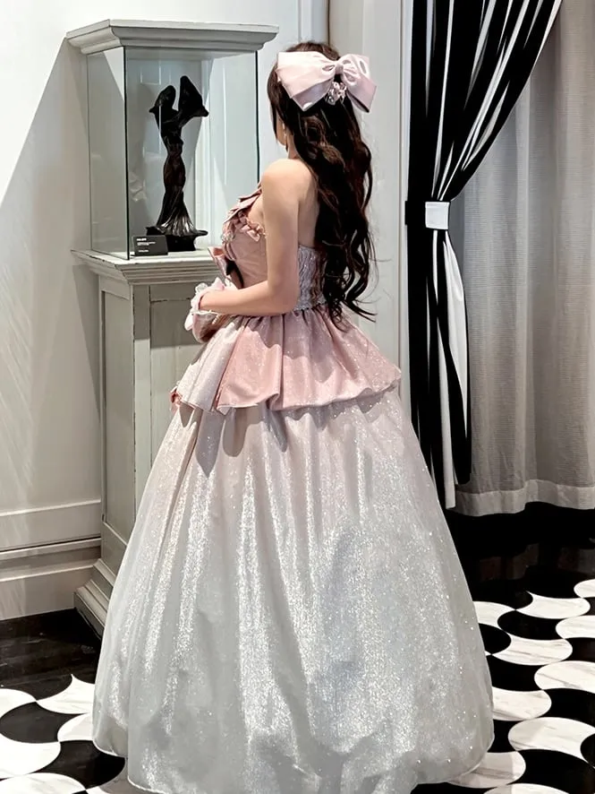 Shimmering Gradient Pink Halter Neck Sweetheart Neckline Top   Long Skirt Birthday Ball Gown
