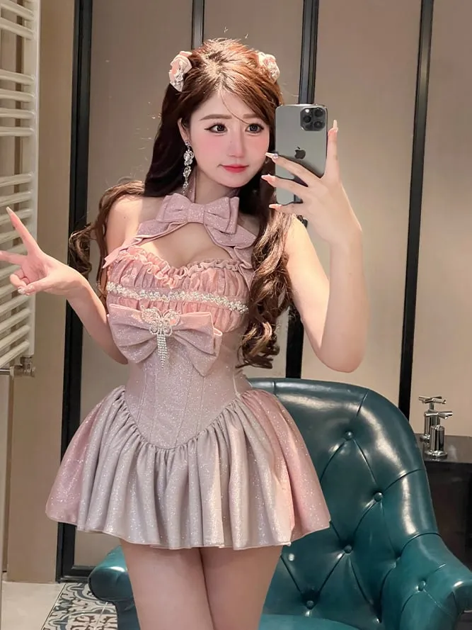 Shimmering Gradient Pink Halter Neck Sweetheart Neckline Top   Long Skirt Birthday Ball Gown