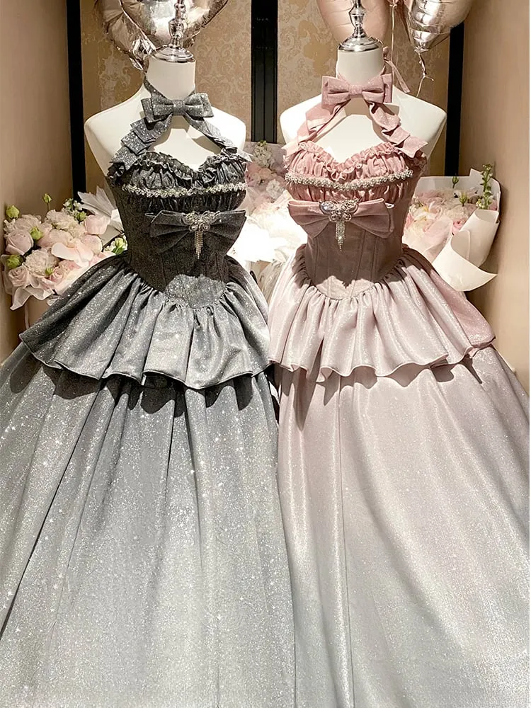 Shimmering Gradient Pink Halter Neck Sweetheart Neckline Top   Long Skirt Birthday Ball Gown