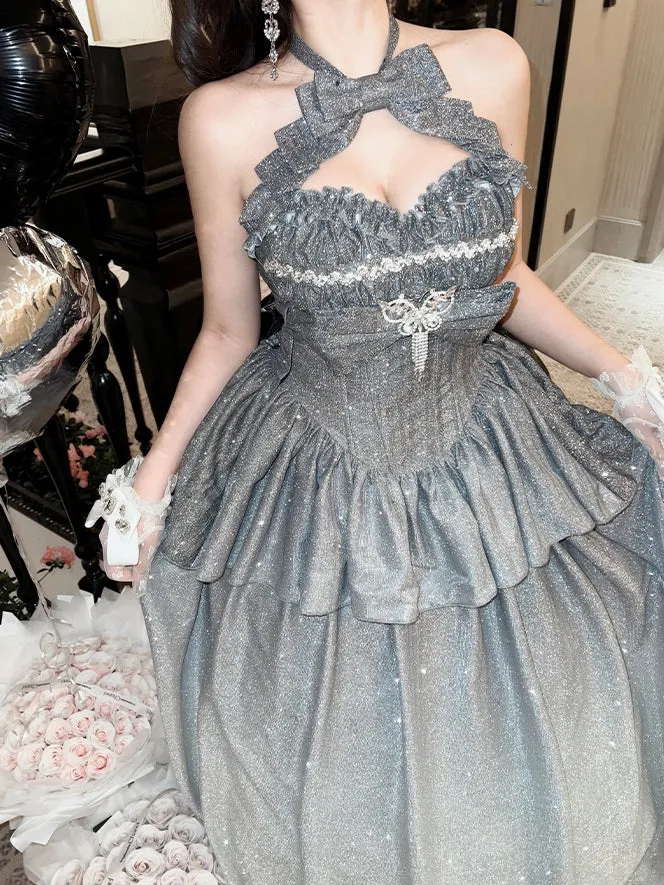 Shining Gradient Silver Halter Neck Sweetheart Neckline Top   Long Skirt Birthday Ball Gown