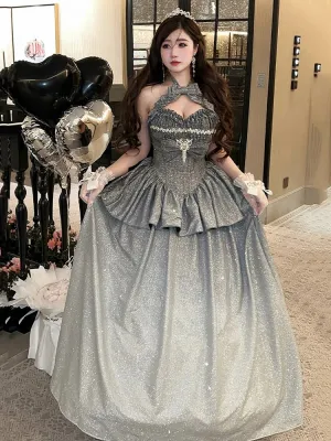 Shining Gradient Silver Halter Neck Sweetheart Neckline Top   Long Skirt Birthday Ball Gown