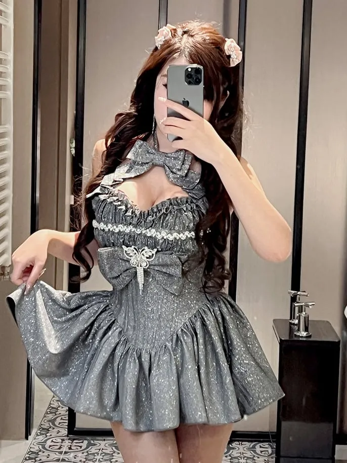 Shining Gradient Silver Halter Neck Sweetheart Neckline Top   Long Skirt Birthday Ball Gown