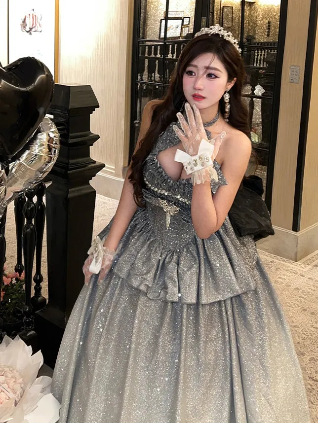 Shining Gradient Silver Halter Neck Sweetheart Neckline Top   Long Skirt Birthday Ball Gown