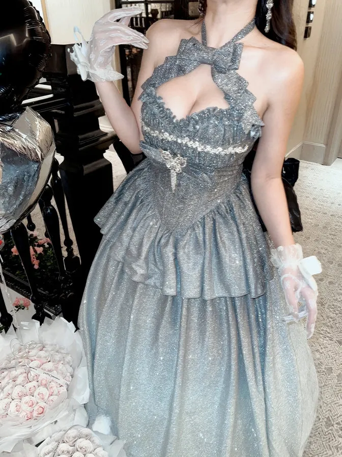 Shining Gradient Silver Halter Neck Sweetheart Neckline Top   Long Skirt Birthday Ball Gown