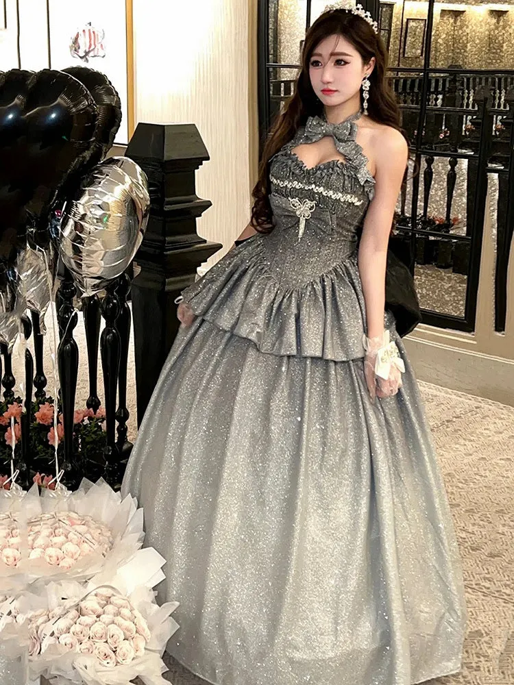 Shining Gradient Silver Halter Neck Sweetheart Neckline Top   Long Skirt Birthday Ball Gown
