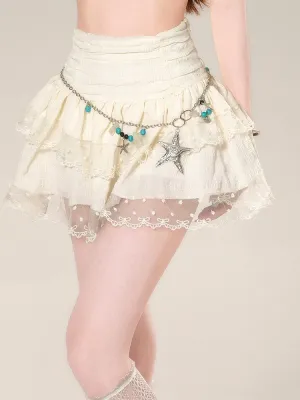 Waist High Apricot Skirt Mesh Lace Trim Glamorous Tiered Mini
