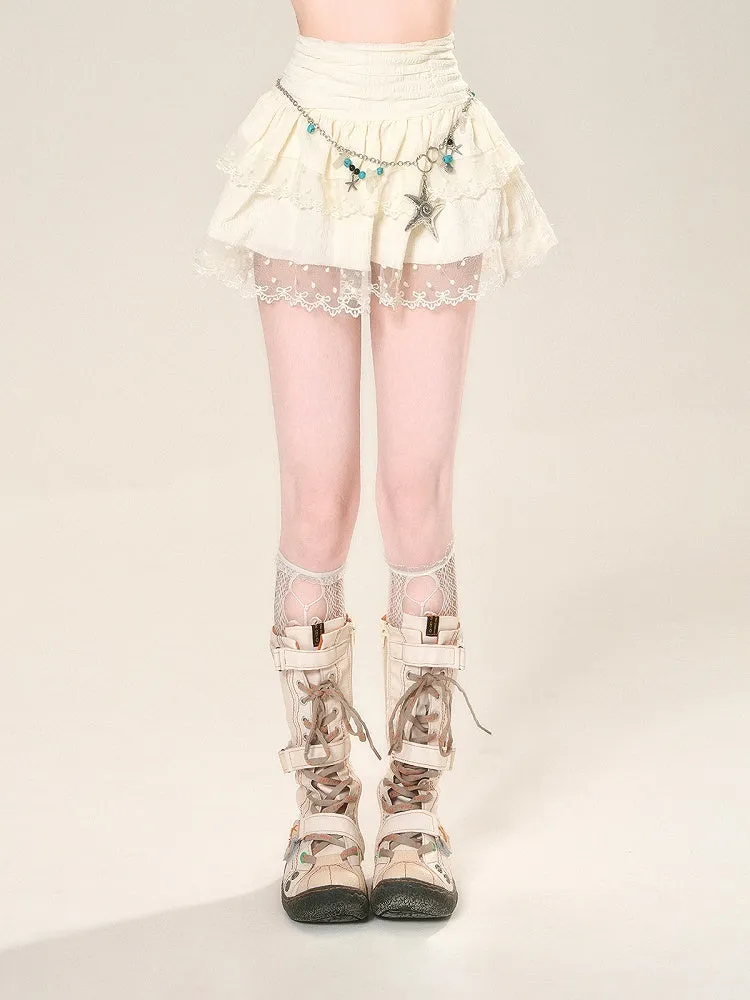 Waist High Apricot Skirt Mesh Lace Trim Glamorous Tiered Mini