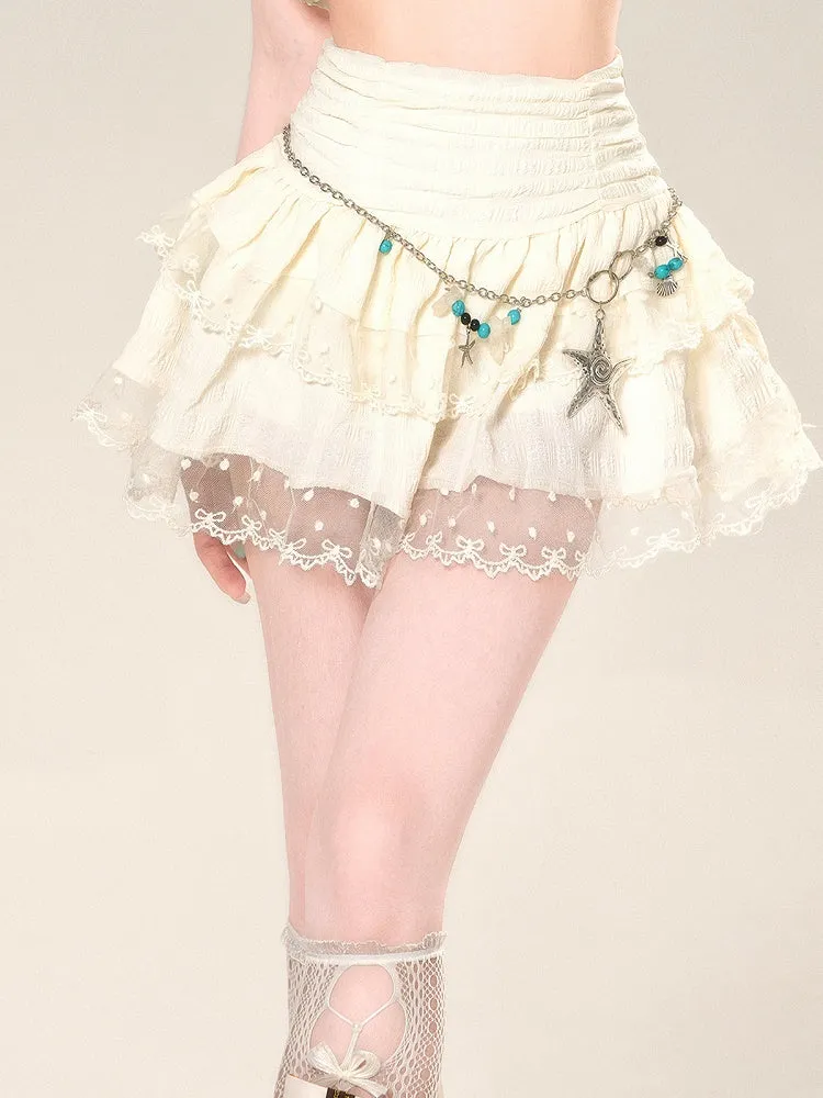 Waist High Apricot Skirt Mesh Lace Trim Glamorous Tiered Mini
